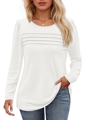 Cicy Bell Damen Langarmshirt Rundhals Oberteile Casual Falten Puffärmel Longshirt Einfarbig Bluse Loose Fit Tunika Top,Weiß,M von Cicy Bell