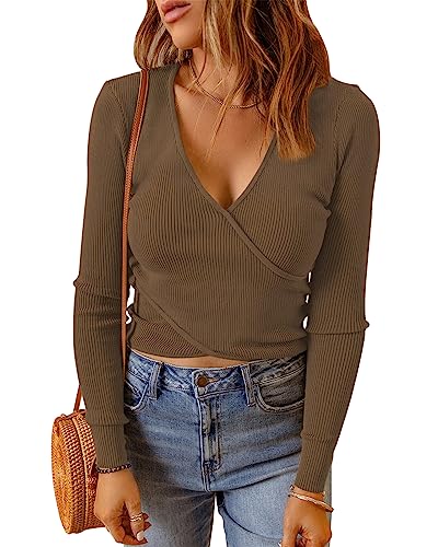 Cicy Bell Damen Pullover V Ausschnitt Langarmshirts Crop Tops Sexy Strick Oberteile Shirts Braun L von Cicy Bell