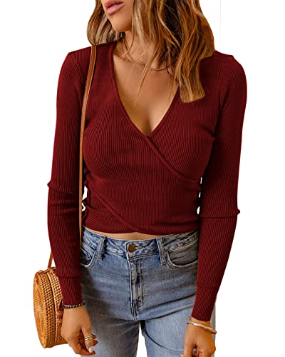 Cicy Bell Damen Pullover V Ausschnitt Langarmshirts Crop Tops Sexy Strick Oberteile Shirts Burgunderrot M von Cicy Bell