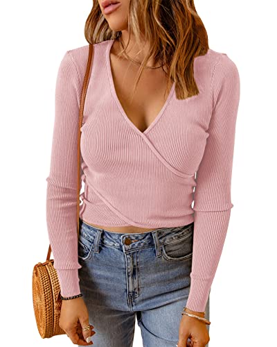 Cicy Bell Damen Pullover V Ausschnitt Langarmshirts Crop Tops Sexy Strick Oberteile Shirts Rosa M von Cicy Bell