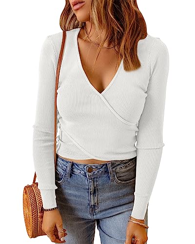 Cicy Bell Damen Pullover V Ausschnitt Langarmshirts Crop Tops Sexy Strick Oberteile Shirts Weiß M von Cicy Bell