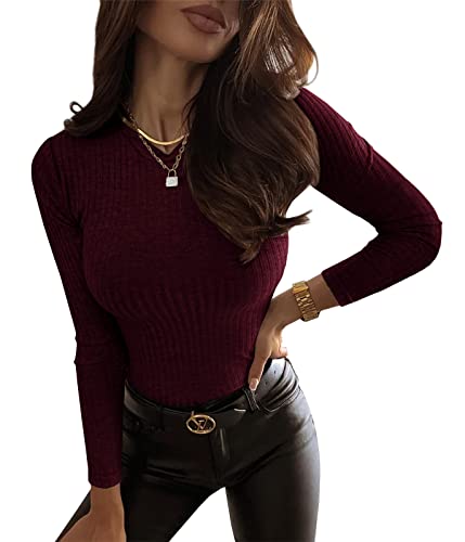 Cicy Bell Damen Langarmshirts Gerippt Stricken Basic Oberteile Rundhalsausschnitt Slim Fit Einfarbig Pullover Burgund XL von Cicy Bell