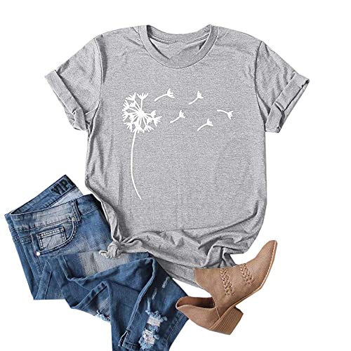 Cicy Bell Damen Löwenzahn T Shirt Rundhals Pusteblume Drucken Tops Sommer Kurzarm Oberteile Blusen T Shirts Grau XL von Cicy Bell