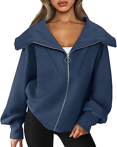 Cicy Bell Damen Oversized Zip Sweatshirts Casual Vintage Laterne Langarm Einfarbige Lose übergroße Jacket Oberteile Tops DunkelBlau S von Cicy Bell