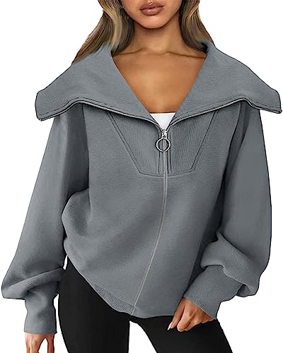 Cicy Bell Damen Oversized Zip Sweatshirts Casual Vintage Laterne Langarm Einfarbige Lose übergroße Jacket Oberteile Tops Grau S von Cicy Bell