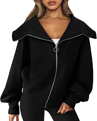 Cicy Bell Damen Oversized Zip Sweatshirts Casual Vintage Laterne Langarm Einfarbige Lose übergroße Jacket Oberteile Tops Schwarz XL von Cicy Bell