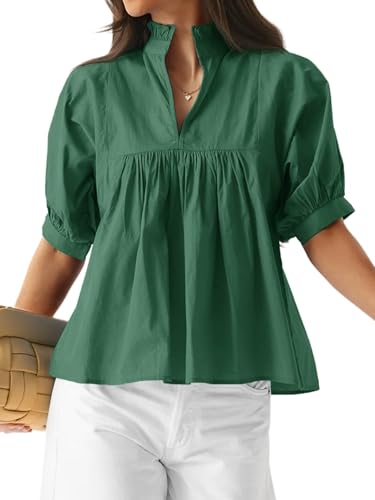 Cicy Bell Damen Puffärmel Bluse V Ausschnit Halbarm Oberteile Elegant Basic Shirts Rüsche Plissiertes Loose Fit T-Shirt für Frühling Sommer Herbst (Grün,XL) von Cicy Bell