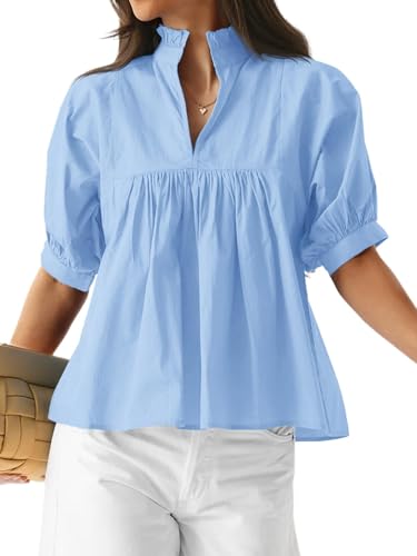 Cicy Bell Damen Puffärmel Bluse V Ausschnit Halbarm Oberteile Elegant Basic Shirts Rüsche Plissiertes Loose Fit T-Shirt für Frühling Sommer Herbst (Himmelblau,M) von Cicy Bell