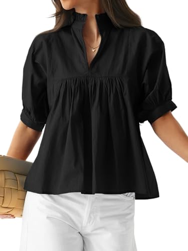 Cicy Bell Damen Puffärmel Bluse V Ausschnit Halbarm Oberteile Elegant Basic Shirts Rüsche Plissiertes Loose Fit T-Shirt für Frühling Sommer Herbst (Schwarz,M) von Cicy Bell