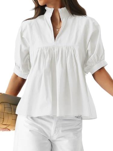 Cicy Bell Damen Puffärmel Bluse V Ausschnit Halbarm Oberteile Elegant Basic Shirts Rüsche Plissiertes Loose Fit T-Shirt für Frühling Sommer Herbst (Weiß,L) von Cicy Bell