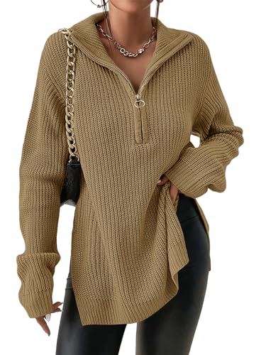 Cicy Bell Damen Pullover Langarm,V-Ausschnitt,Strickpullover,Half Zip Slouchy Ribbed Knit Sweatshirt mit Seitenschlitz Trendy Herbst-Winter Pullovers Oversized Polo Style Casual Tops(Khaki,L) von Cicy Bell