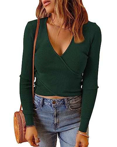 Cicy Bell Damen Pullover V Ausschnitt Langarmshirts Crop Tops Sexy Strick Oberteile Shirts Militärgrün L von Cicy Bell