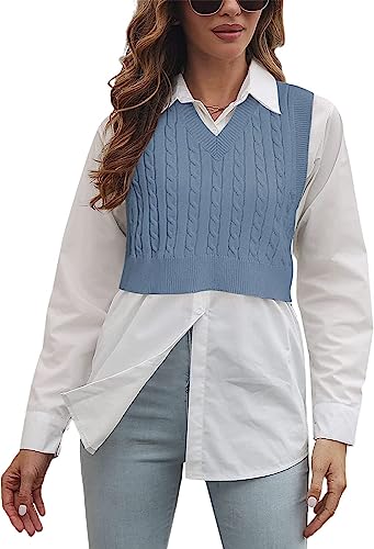 Cicy Bell Damen Pullunder Sweater Vest Ärmellos V-Ausschnitt Westen Klassisch Gestrickte Gestreifte Pullover Blau L von Cicy Bell