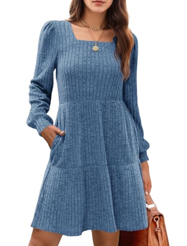 Cicy Bell Freizeitkleider für Damen Pulloverkleid Langarm A-Linie Quadratischer Ausschnitt Knielang Pullikleid Casual Babydoll Herbst Kleider,Blau,M von Cicy Bell