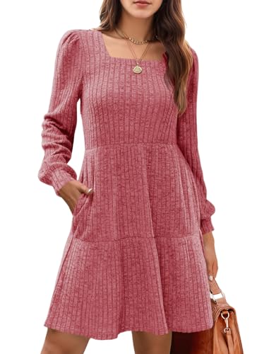 Cicy Bell Freizeitkleider für Damen Pulloverkleid Langarm A-Linie Quadratischer Ausschnitt Knielang Pullikleid Casual Babydoll Herbst Kleider,Weinrot,L von Cicy Bell