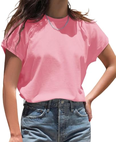 Cicy Bell Damen Rundhals T-Shirt Einfarbig Kurzarm Flügelärmeln Top Sommer Oberteile Casual Loose Fit Tunika Basic Tank Top (Rosa,XL) von Cicy Bell