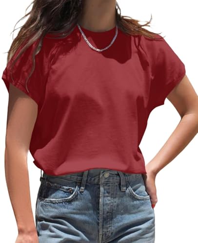 Cicy Bell Damen Rundhals T-Shirt Einfarbig Kurzarm Flügelärmeln Top Sommer Oberteile Casual Loose Fit Tunika Basic Tank Top (Rot,XXL) von Cicy Bell