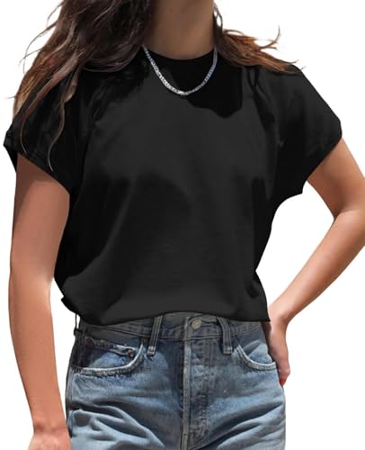 Cicy Bell Damen Rundhals T-Shirt Einfarbig Kurzarm Flügelärmeln Top Sommer Oberteile Casual Loose Fit Tunika Basic Tank Top (Schwarz,XL) von Cicy Bell