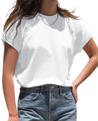 Cicy Bell Damen Rundhals T-Shirt Einfarbig Kurzarm Flügelärmeln Top Sommer Oberteile Casual Loose Fit Tunika Basic Tank Top (Weiß,XXL) von Cicy Bell