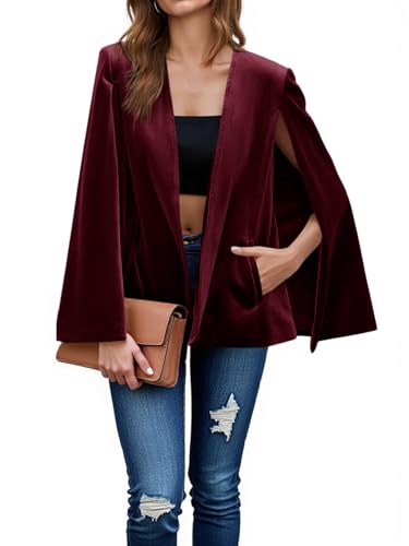 Cicy Bell Damen Samt Cape Blazer Jacken Casual Split Langarm Open Front Coat, Burgunder, XXL von Cicy Bell