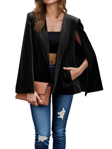 Cicy Bell Damen Samt Cape Blazer Jacken Casual Split Langarm Open Front Coat, Schwarz, L von Cicy Bell