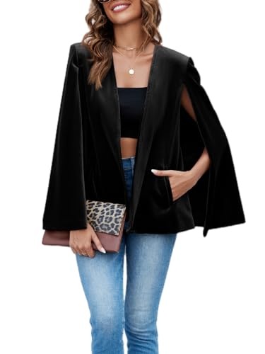 Cicy Bell Damen Samt Cape Blazer Jacken Casual Split Langarm Open Front Mantel, Schwarz, XXL von Cicy Bell
