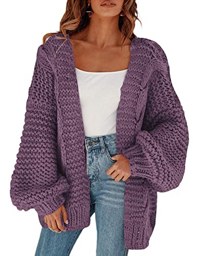 Cicy Bell Damen Strickjacken Cardigan Lose Laternenärmel Elegante Übergroße Pullover Lila XL von Cicy Bell