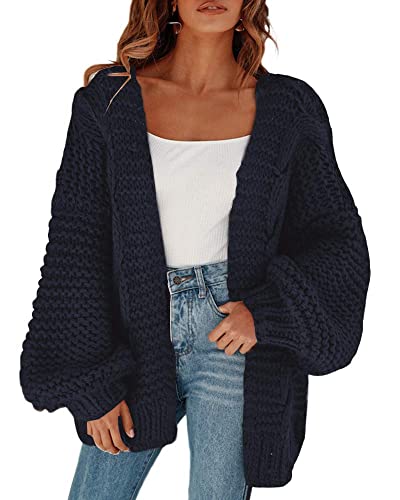 Cicy Bell Damen Strickjacken Cardigan Lose Laternenärmel Elegante Übergroße Pullover Marineblau L von Cicy Bell