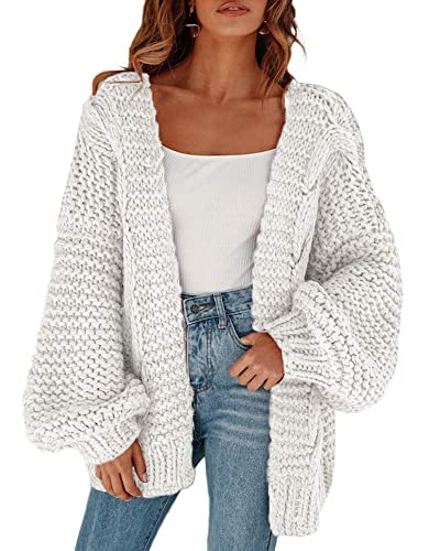 Cicy Bell Damen Strickjacken Cardigan Lose Laternenärmel Elegante Übergroße Pullover Weiß L von Cicy Bell