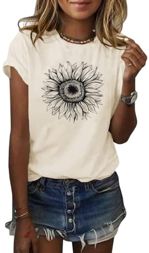 Cicy Bell Damen Sonnenblumen T Shirt Sommer Kurzarm Niedlich Grafik Lose T-Shirts Für Damen Tops Beige L von Cicy Bell