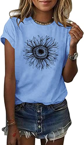 Cicy Bell Damen Sonnenblumen T Shirt Sommer Kurzarm Niedlich Grafik Lose T-Shirts Für Damen Tops Blau M von Cicy Bell