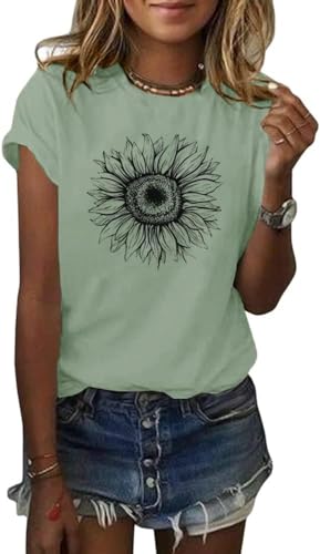 Cicy Bell Damen Sonnenblumen T Shirt Sommer Kurzarm Niedlich Grafik Lose T-Shirts Für Damen Tops Bohnengrün XL von Cicy Bell