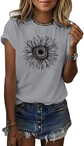 Cicy Bell Damen Sonnenblumen T Shirt Sommer Kurzarm Niedlich Grafik Lose T-Shirts Für Damen Tops Grau L von Cicy Bell