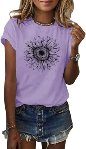 Cicy Bell Damen Sonnenblumen T Shirt Sommer Kurzarm Niedlich Grafik Lose T-Shirts Für Damen Tops Lavendel L von Cicy Bell