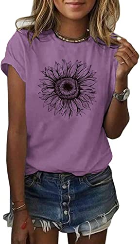 Cicy Bell Damen Sonnenblumen T Shirt Sommer Kurzarm Niedlich Grafik Lose T-Shirts Für Damen Tops Lila L von Cicy Bell