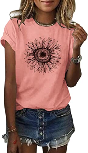 Cicy Bell Damen Sonnenblumen T Shirt Sommer Kurzarm Niedlich Grafik Lose T-Shirts Für Damen Tops Rosa L von Cicy Bell