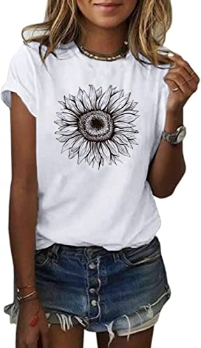 Cicy Bell Damen Sonnenblumen T Shirt Sommer Kurzarm Niedlich Grafik Lose T-Shirts Für Damen Tops Weiss M von Cicy Bell