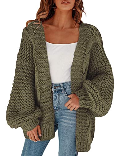 Cicy Bell Damen Strickjacken Cardigan Lose Laternenärmel Elegante Übergroße Pullover ArmeeGrün XL von Cicy Bell