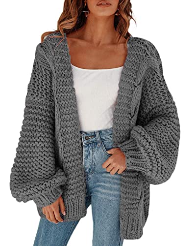 Cicy Bell Damen Strickjacken Cardigan Lose Laternenärmel Elegante Übergroße Pullover Grau L von Cicy Bell