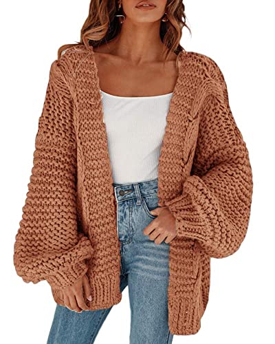 Cicy Bell Damen Strickjacken Cardigan Lose Laternenärmel Elegante Übergroße Pullover Khaki M von Cicy Bell