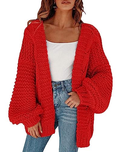 Cicy Bell Damen Strickjacken Cardigan Lose Laternenärmel Elegante Übergroße Pullover Rot L von Cicy Bell