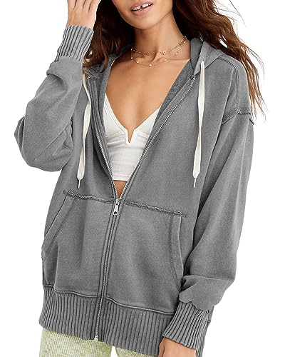 Cicy Bell Damen Sweatjacke Hoodie Oversize Kapuzenpullover Full Zip Pullover Oberteile Einfarbig Basic Sweatshirt Mit Taschen Grau M von Cicy Bell