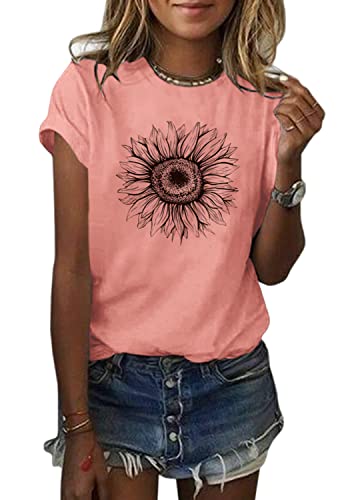 Cicy Bell Damen-T-Shirt, Sonnenblume, Sommer, kurze Ärmel, niedliche Grafik - Pink - Groß von Cicy Bell
