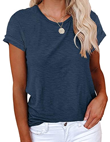 Cicy Bell Damen T-Shirt Elegant Sommer Basic t-Shirts Casual Rundhals Klamotten Tops Marine L von Cicy Bell