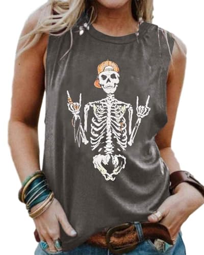 Cicy Bell Damen Tank Tops Ärmellose Rundhals T Shirt Tops Schädel Grafik Sommer Vest BluseTop Grau XL von Cicy Bell