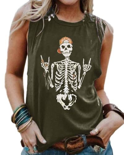 Cicy Bell Damen Tank Tops Ärmellose Rundhals T Shirt Tops Schädel Grafik Sommer Vest BluseTop Military Green XL von Cicy Bell