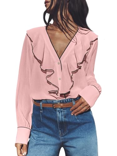 Cicy Bell Damen V Ausschnit Bluse mit Rüschen Elegant Langarm Hemd Button Down Top(Rosa,M) von Cicy Bell