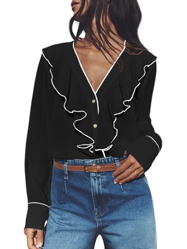 Cicy Bell Damen V Ausschnit Bluse mit Rüschen Elegant Langarm Hemd Button Down Top(Schwarz,M) von Cicy Bell