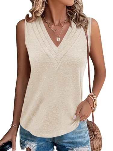 Cicy Bell Damen V-Ausschnitt Ärmellos Tank Tops Oberteile Sommer Casual Blusen Elegant T Shirt Lässig Locker Fit Tops Aprikose XXL von Cicy Bell