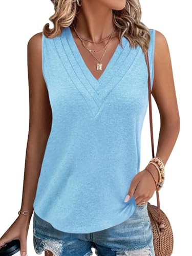 Cicy Bell Damen V-Ausschnitt Ärmellos Tank Tops Oberteile Sommer Casual Blusen Elegant T Shirt Lässig Locker Fit Tops Hellblau M von Cicy Bell